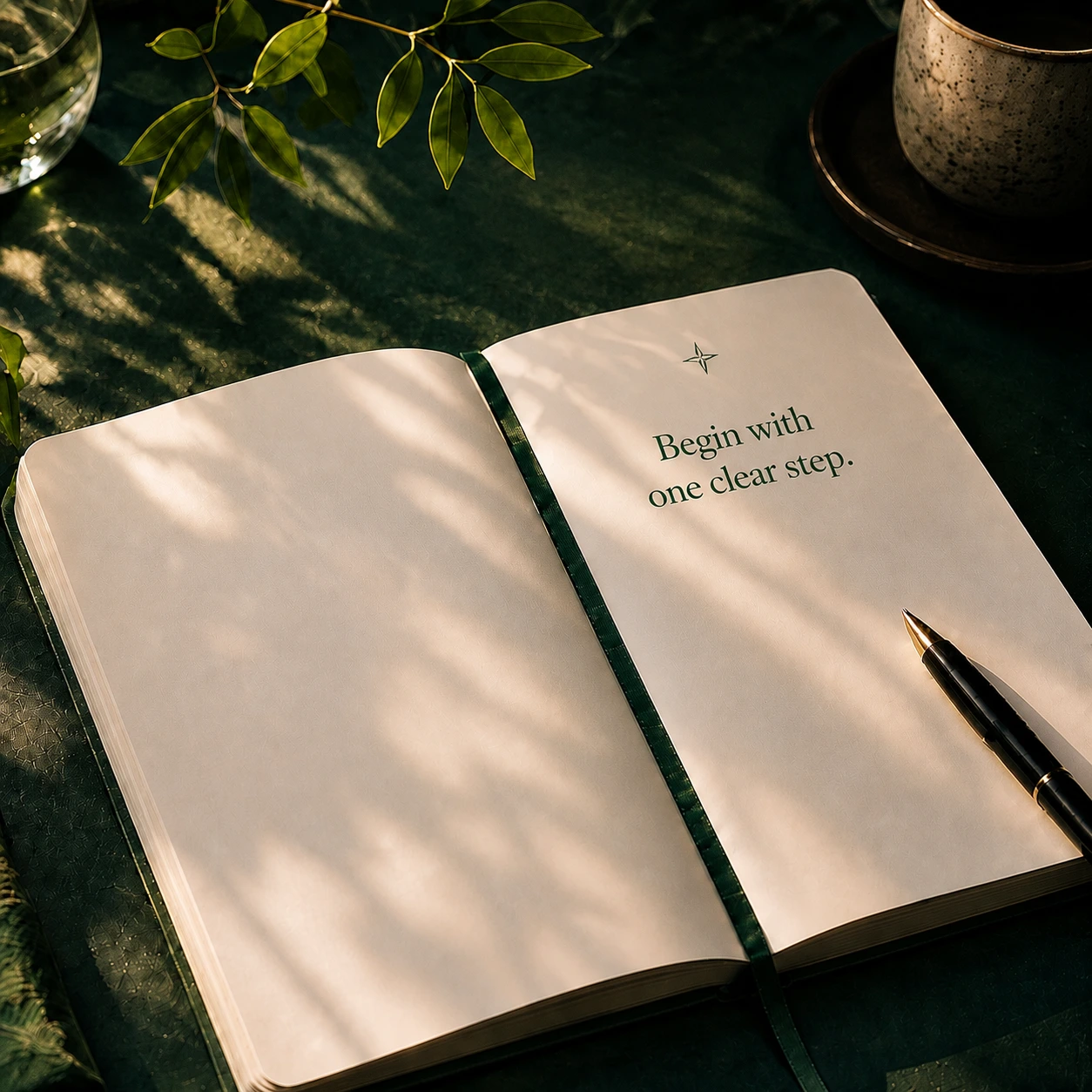 An open journal in warm leaf-filtered light with the words Begin with one clear step